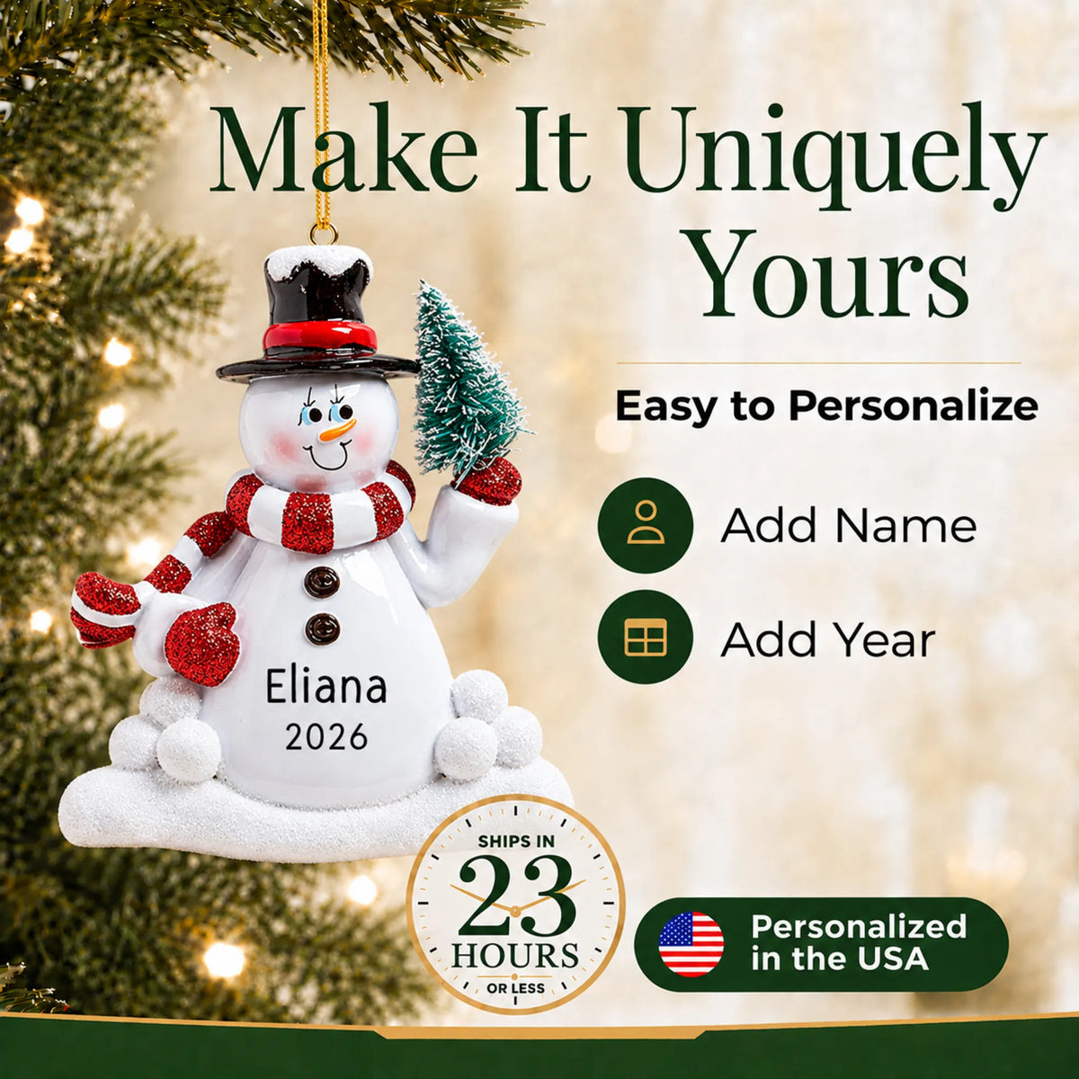 Make it yours: personalize the Snowman with Tree christmas ornament with a name and the year