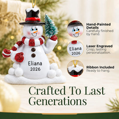 Hand-painted, laser engraved Snowman with Tree christmas ornament, ribbon included