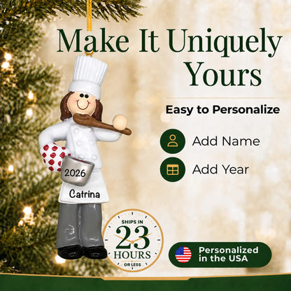 Make it yours: add name and year to the personalized chef girl christmas ornament