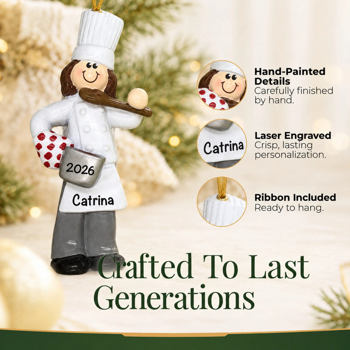 Hand-painted details and laser engraved personalization on the chef girl christmas ornament, ribbon included