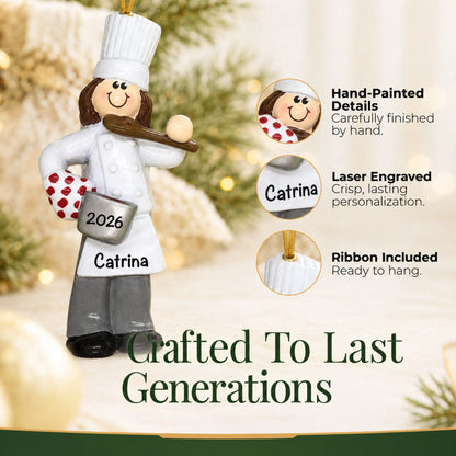 Hand-painted details and laser engraved personalization on the chef girl christmas ornament, ribbon included