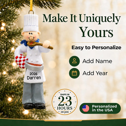 Make it yours: add name and year to the personalized chef guy christmas ornament
