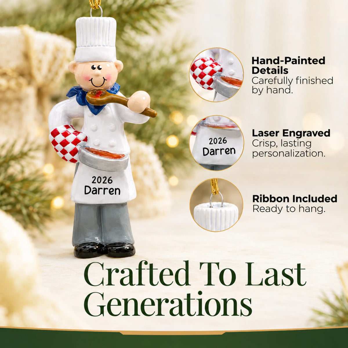 Hand-painted details and laser engraved personalization on the chef guy christmas ornament, ribbon included