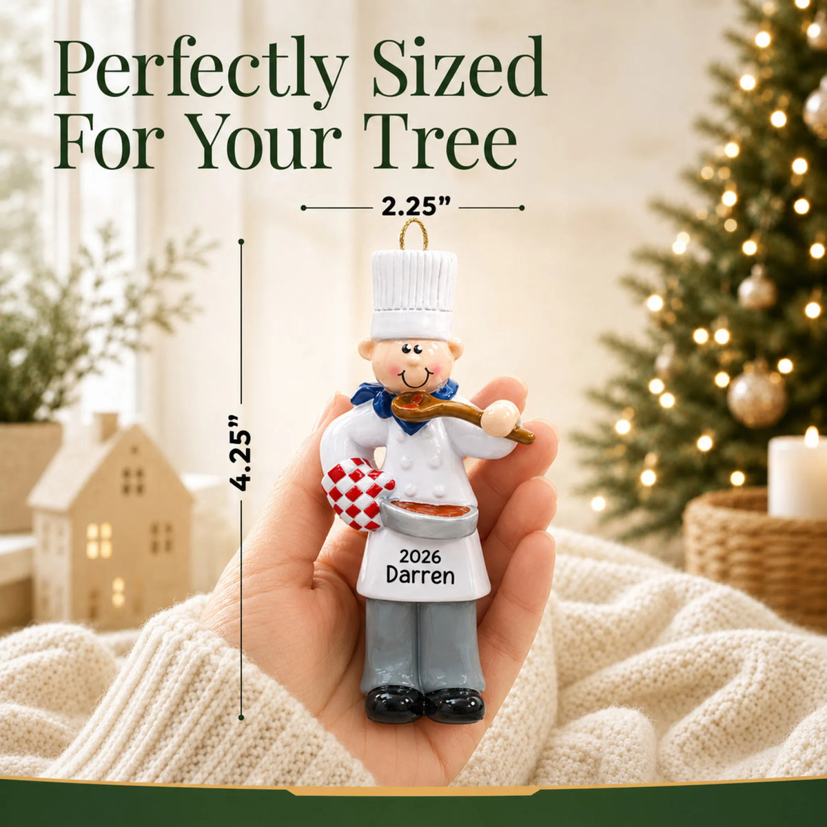 Size guide: the personalized chef guy christmas ornament is 2.25 in wide by 4.25 in tall, shown in hand
