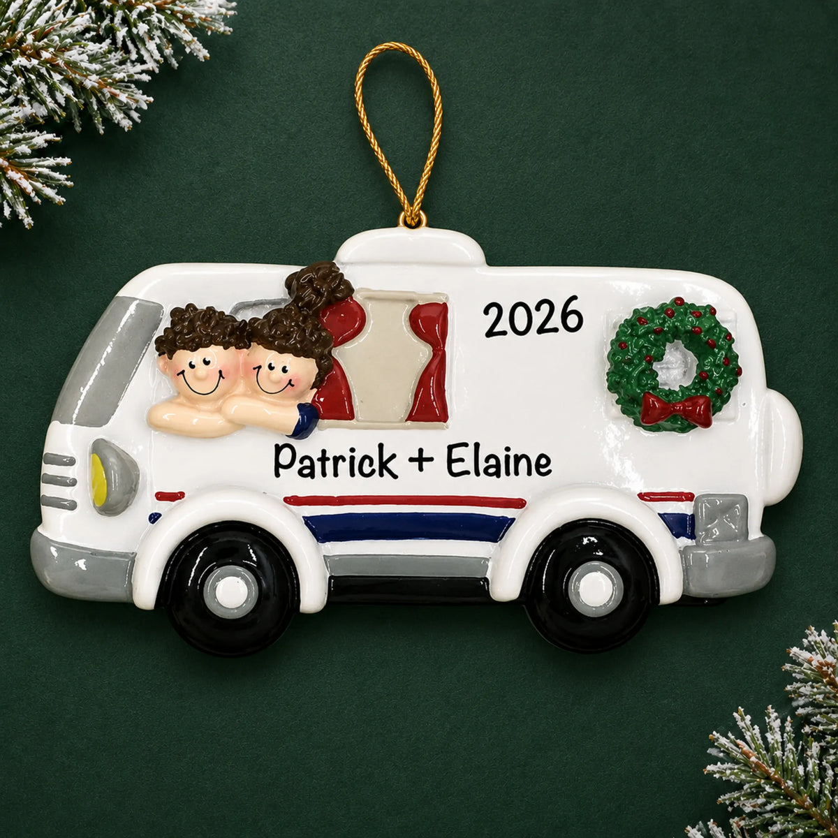 Personalized RV camping couple christmas ornament on a dark green pine background