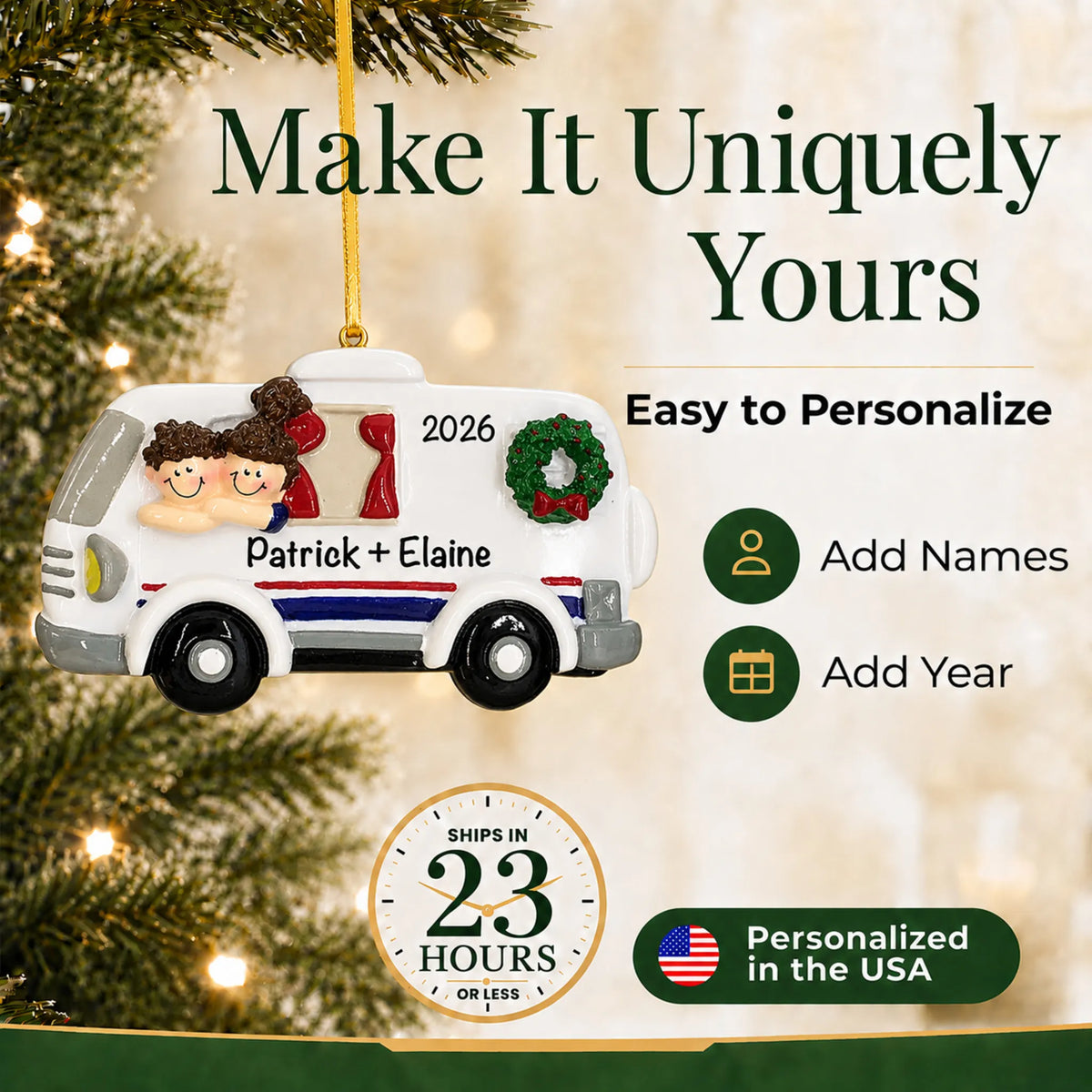Make it yours: personalize the RV camping couple christmas ornament