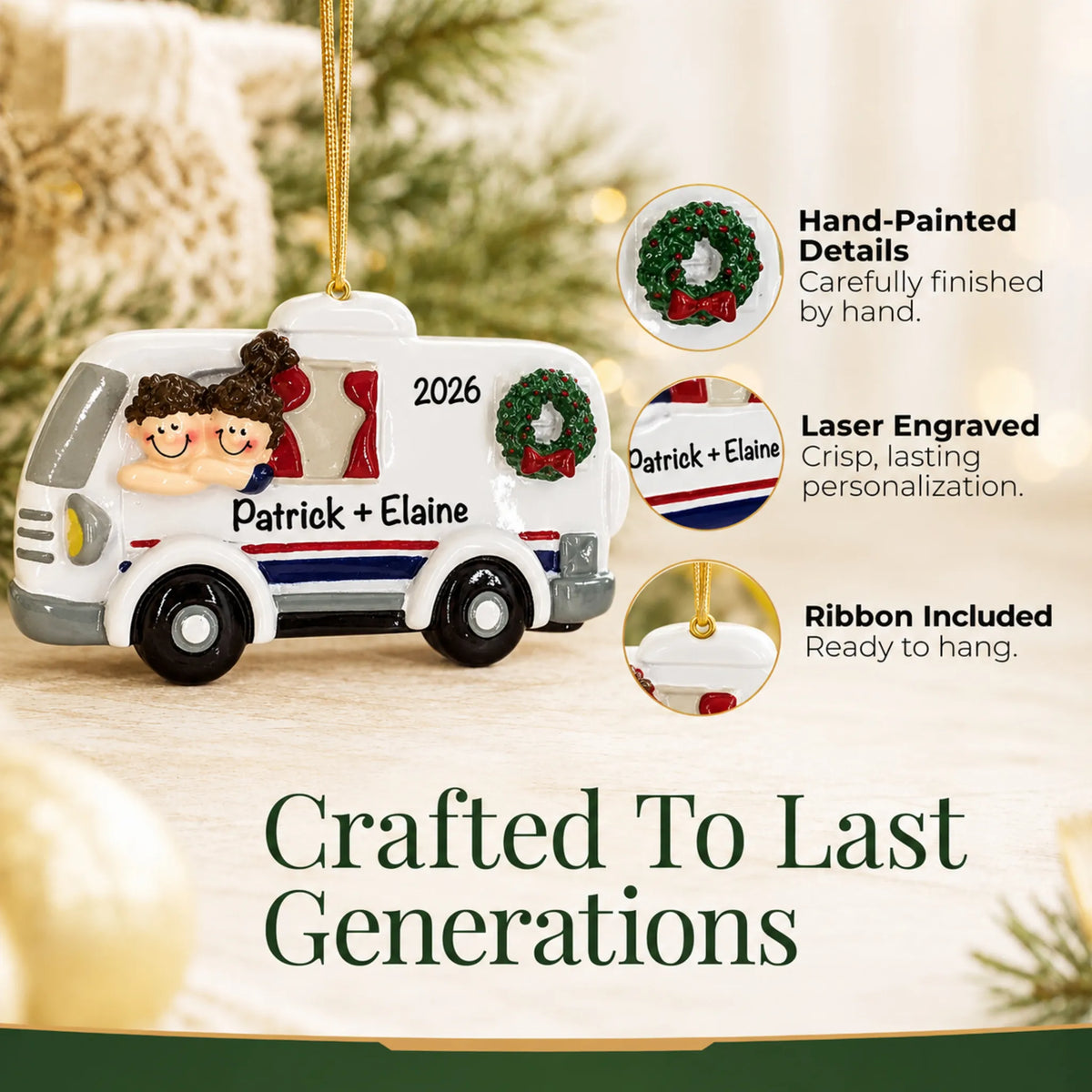 Hand-painted details and laser engraved personalization on the RV camping couple christmas ornament, ribbon included