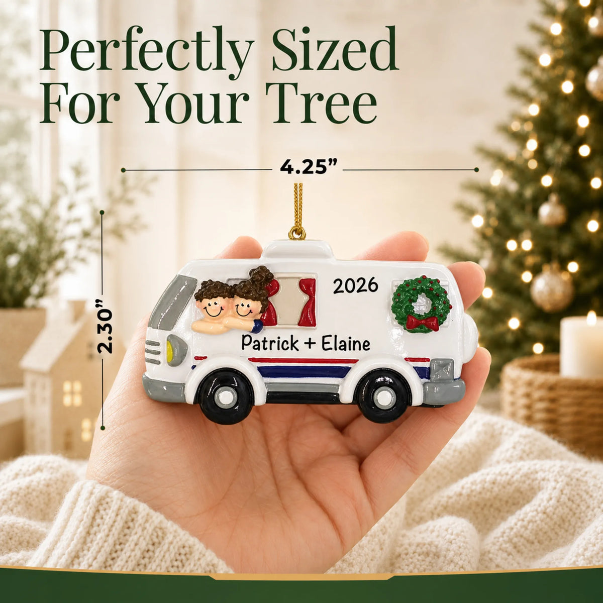 Size guide: the personalized RV camping couple christmas ornament is 4.25 in wide by 2.30 in tall, shown in hand