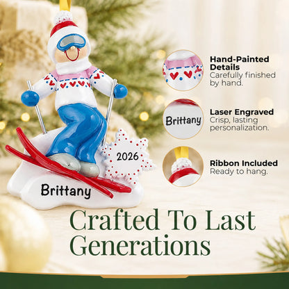 Hand-painted details and laser engraved personalization on the ski girl christmas ornament, ribbon included