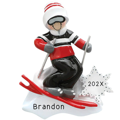 Personalized Christmas ornament featuring a smiling male skier in a red and black jacket on red skis, with a blank white snowflake ready for custom name and year engraving.