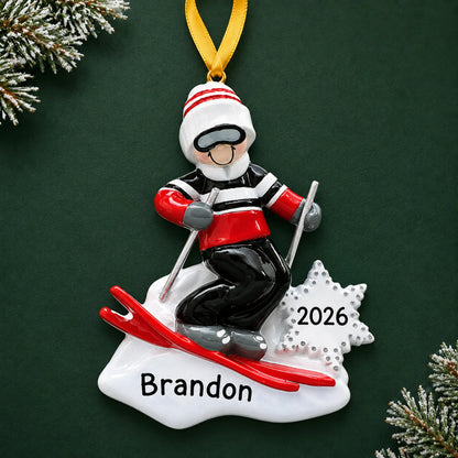 Personalized ski guy christmas ornament on a dark green pine background