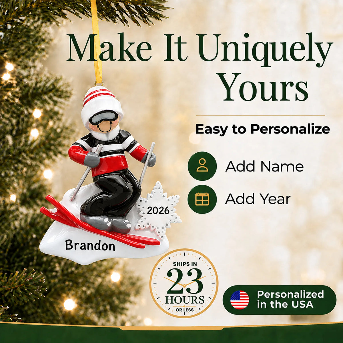 Make it yours: add name and year to the personalized ski guy christmas ornament