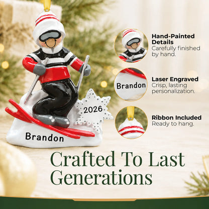 Hand-painted details and laser engraved personalization on the ski guy christmas ornament, ribbon included
