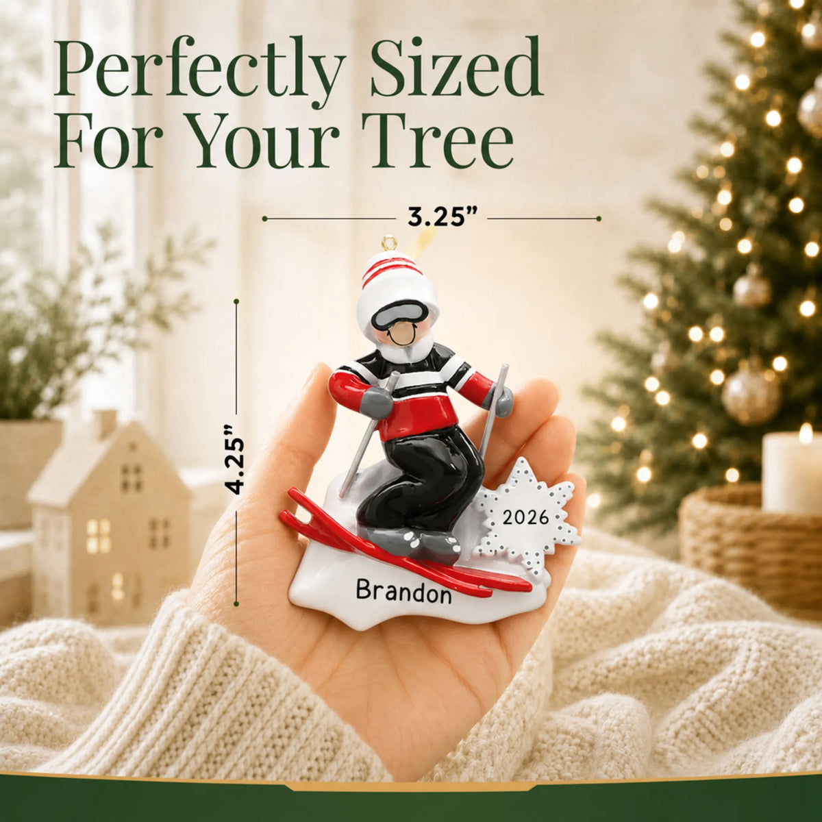 Size guide: the personalized ski guy christmas ornament is 3.25 in wide by 4.25 in tall, shown in hand