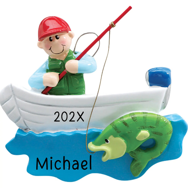 A personalized ceramic Christmas ornament depicting a smiling man in a red hard hat and green vest fishing from a white boat with blue water. 