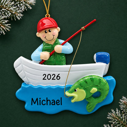 Personalized fisherman in boat christmas ornament on a dark green pine background