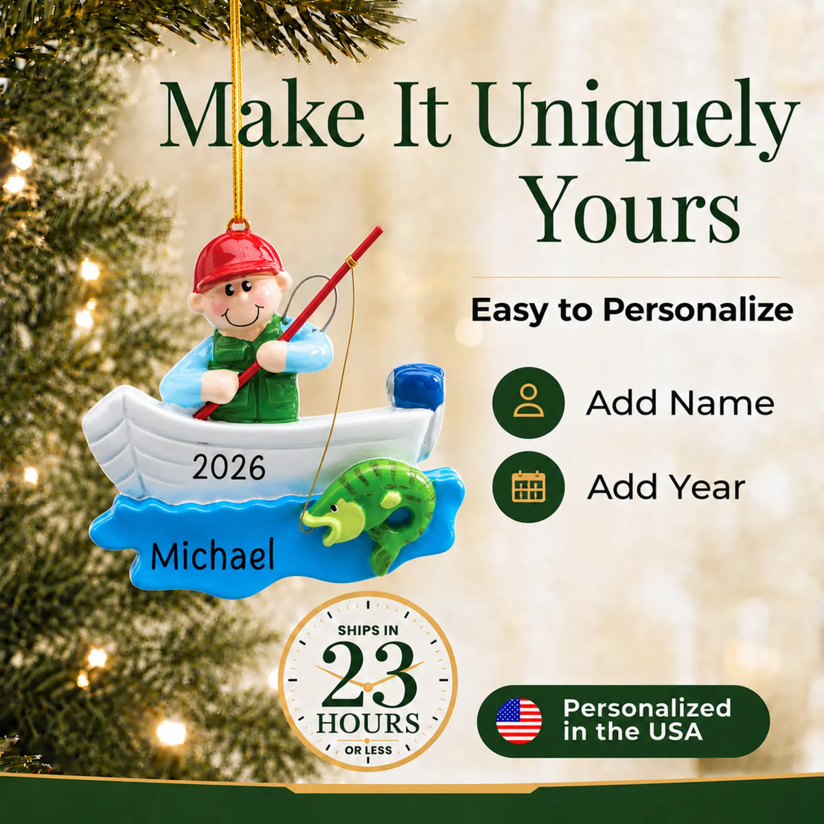 Make it yours: personalize the fisherman in boat christmas ornament