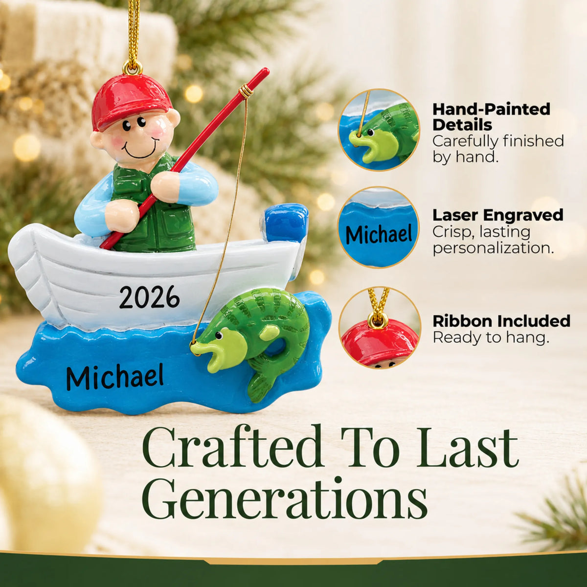 Hand-painted details and laser engraved personalization on the fisherman in boat christmas ornament, ribbon included
