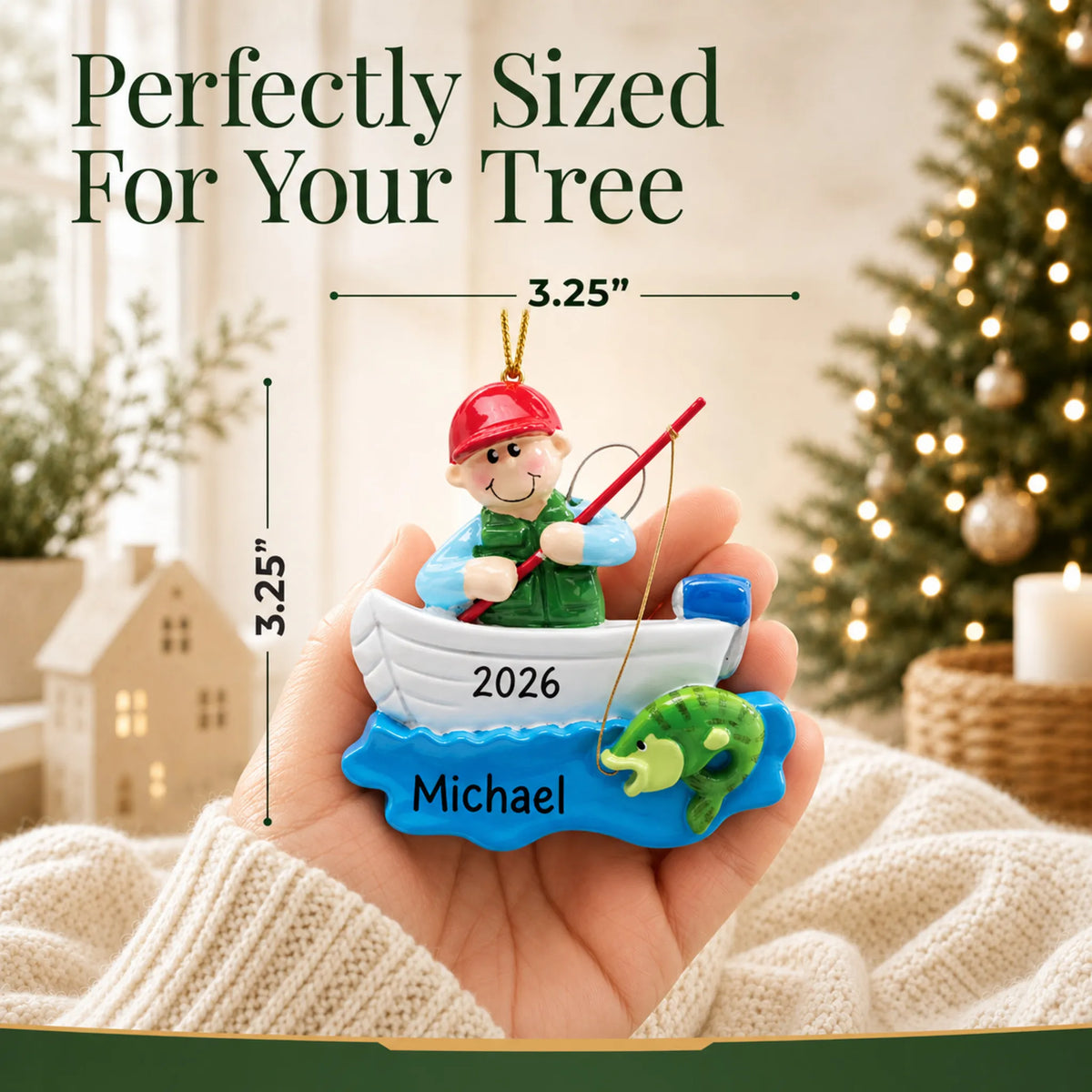 Size guide: the personalized fisherman in boat christmas ornament is 3.25 in wide by 3.25 in tall, shown in hand