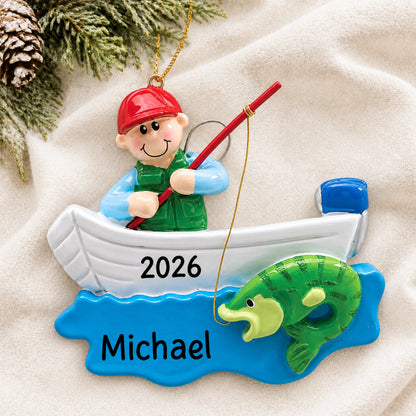 Personalized fisherman in boat christmas ornament laid on a soft white knit blanket