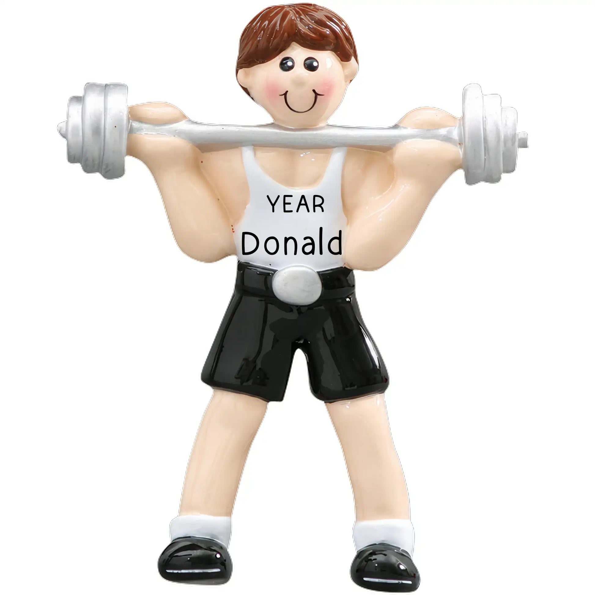 Personalized Christmas ornament featuring a smiling male weight lifter in a white tank top, holding a silver barbell, ready for custom engraving.