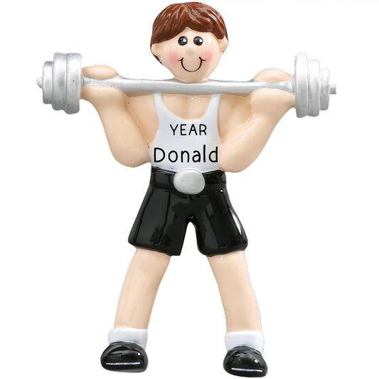 Personalized Christmas ornament featuring a smiling male weight lifter in a white tank top, holding a silver barbell, ready for custom engraving.