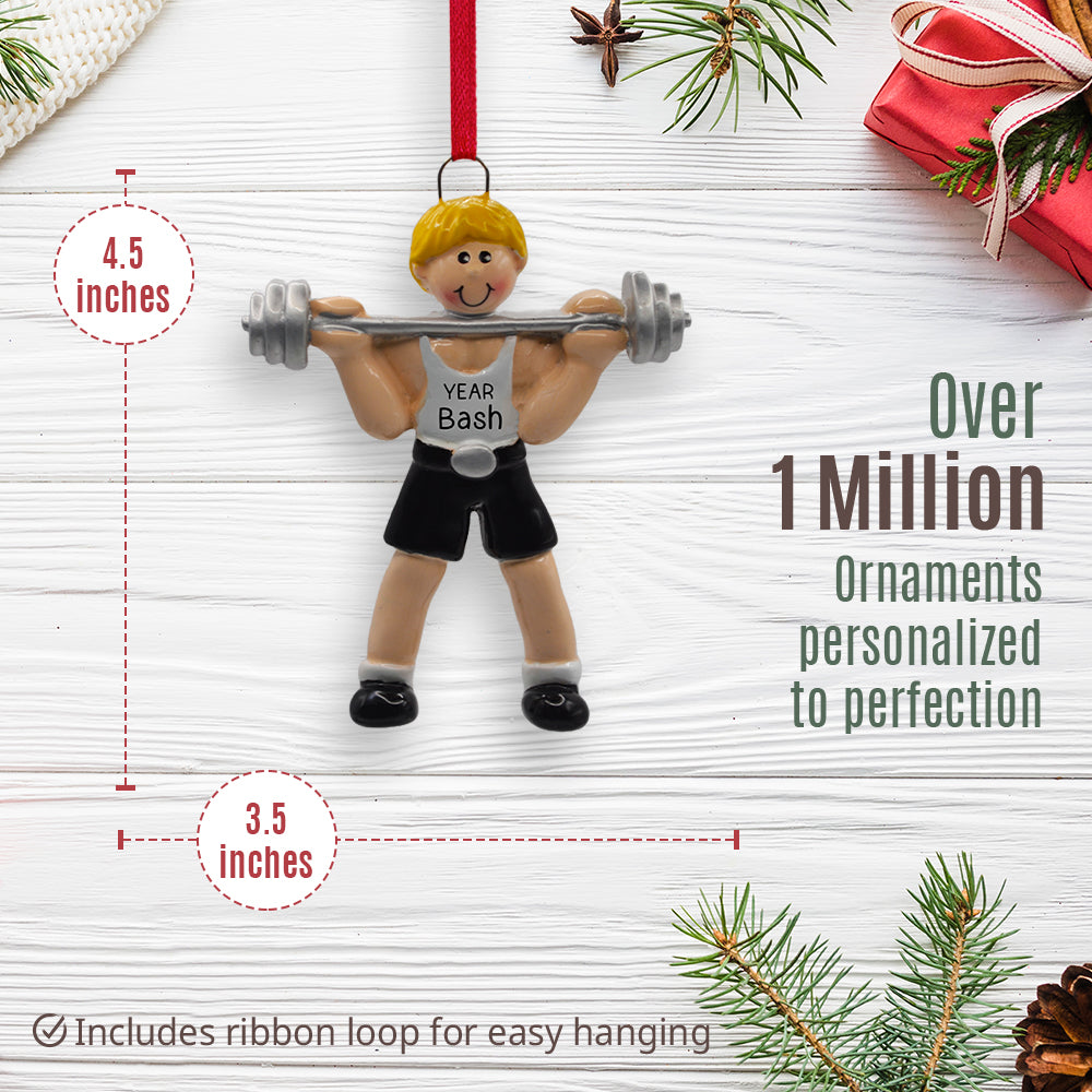 Weightlifting Guy Blonde Christmas Ornament