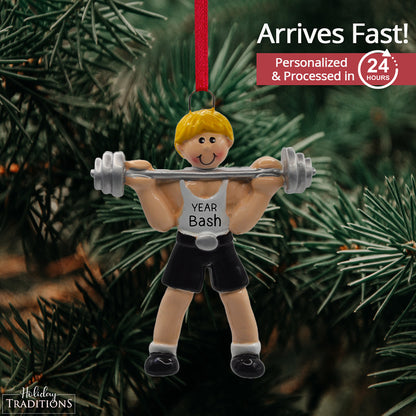 Weightlifting Guy Blonde Christmas Ornament