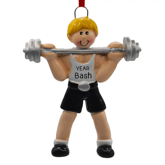 Weightlifting Guy Blonde Christmas Ornament