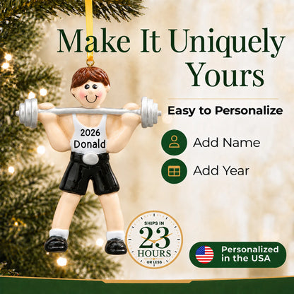 Make it yours: add name and year to the personalized weightlifter christmas ornament