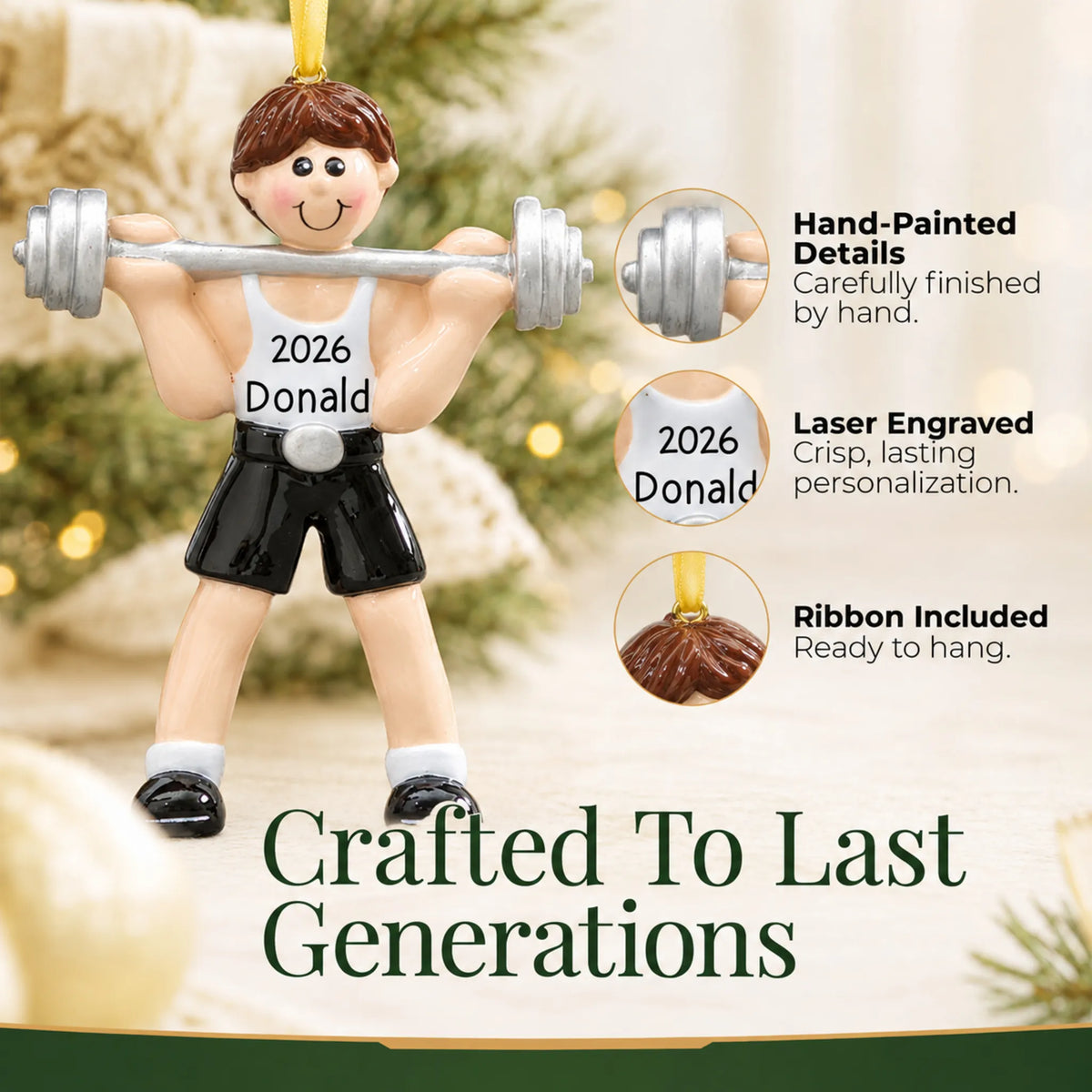 Hand-painted details and laser engraved personalization on the weightlifter christmas ornament, ribbon included