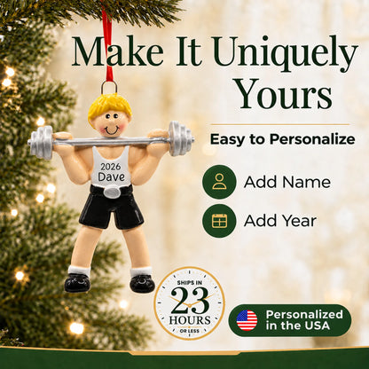 Make it yours: add name and year to the personalized blonde weightlifter christmas ornament