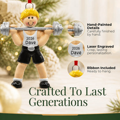 Hand-painted details and laser engraved personalization on the blonde weightlifter christmas ornament, ribbon included