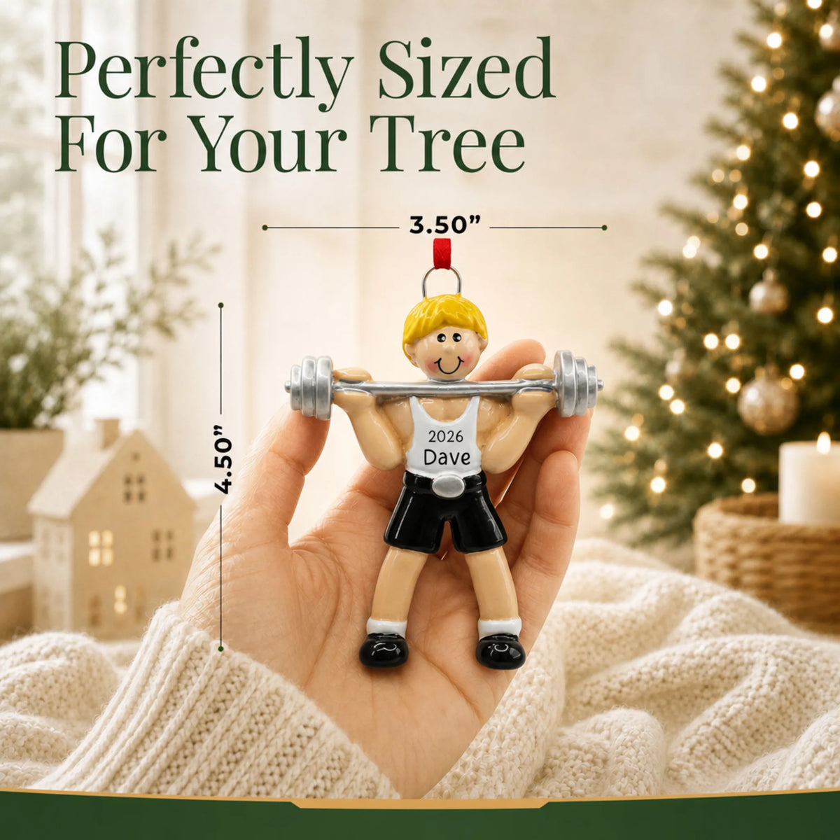 Size guide: the personalized blonde weightlifter christmas ornament is 3.50 in wide by 4.50 in tall, shown in hand