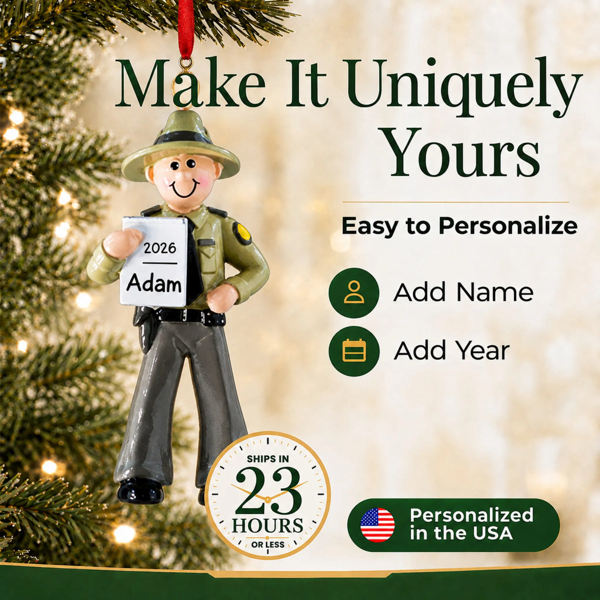 Make it yours: add name and year to the personalized state trooper christmas ornament