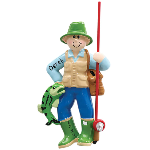 Personalized Christmas ornament featuring a male fly fisherman in a green hat and vest, holding a fishing rod and a large green fish, with the fish ready for custom name and year engraving.