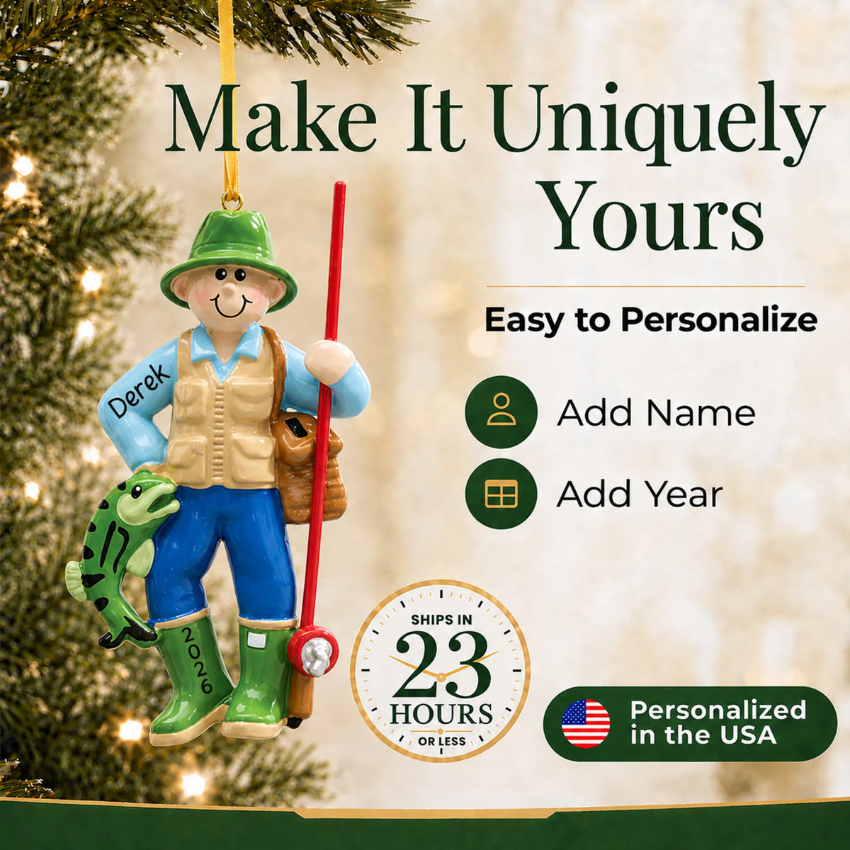Make it yours: personalize the fly fisherman christmas ornament