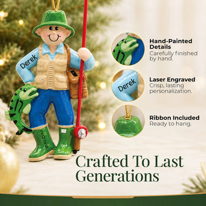 Hand-painted details and laser engraved personalization on the fly fisherman christmas ornament, ribbon included