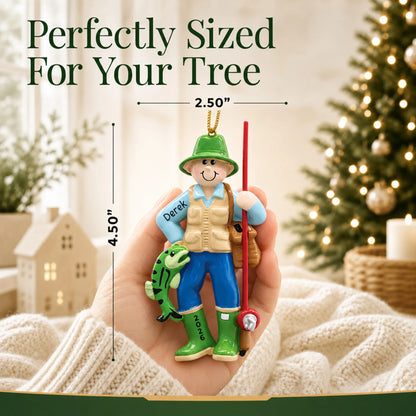 Size guide: the personalized fly fisherman christmas ornament is 2.50 in wide by 4.50 in tall, shown in hand