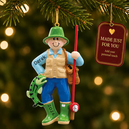 Fly fisherman christmas ornament hanging on a lit Christmas tree with a Made Just For You gift tag