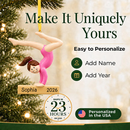 Make it yours: add name and year to the personalized gymnast balance beam christmas ornament