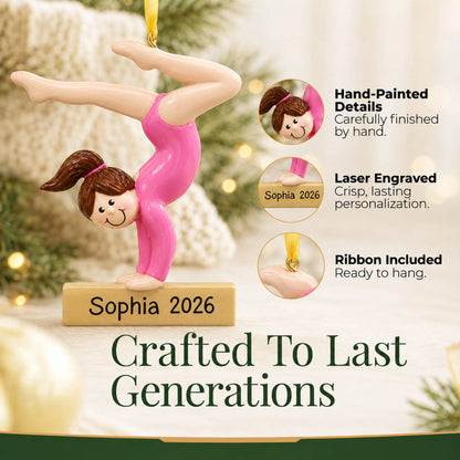 Hand-painted details and laser engraved personalization on the gymnast balance beam christmas ornament, ribbon included