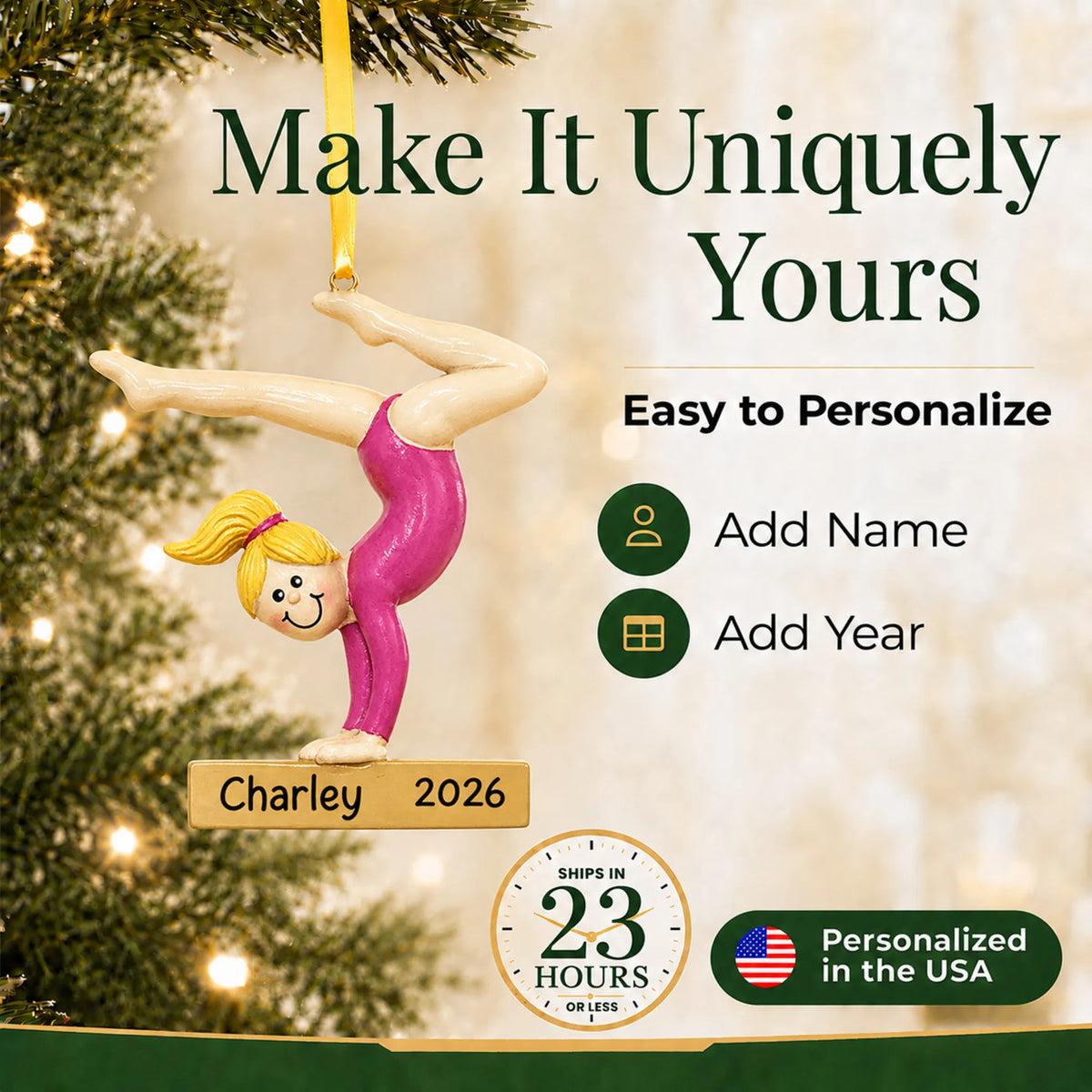 Make it yours: add name and year to the personalized blonde gymnast balance beam christmas ornament