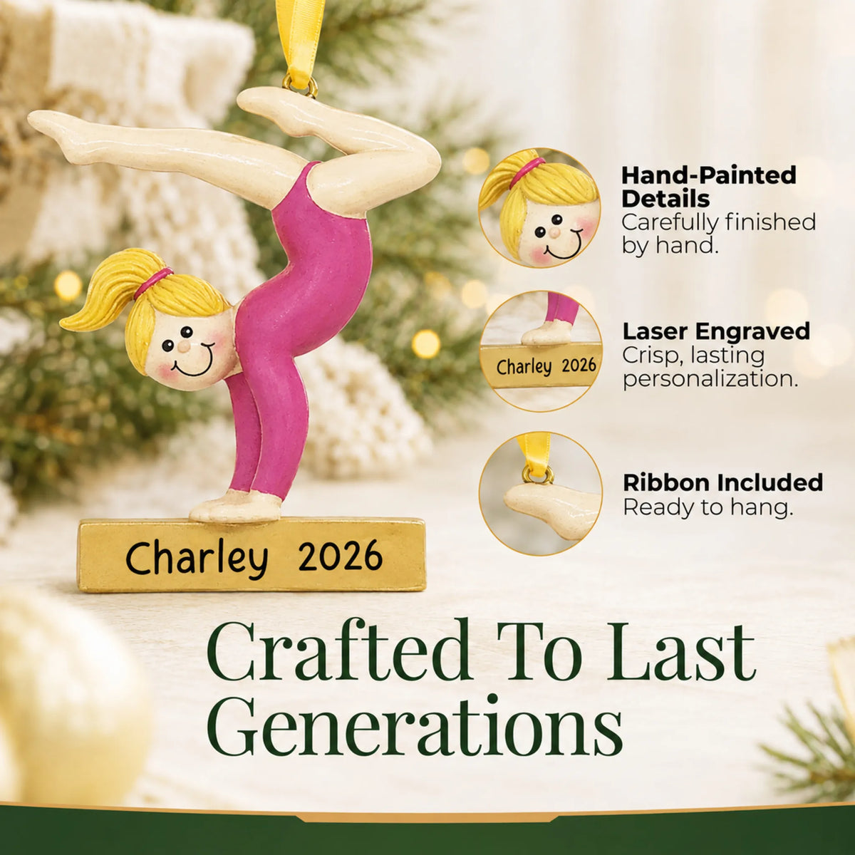 Hand-painted, laser engraved blonde gymnast balance beam christmas ornament, ribbon included