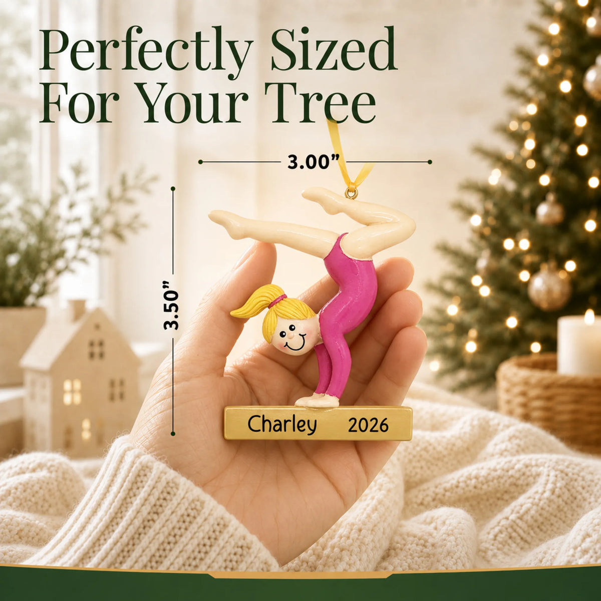 Size guide: the personalized blonde gymnast balance beam christmas ornament is 3.00 in wide by 3.50 in tall, shown in hand