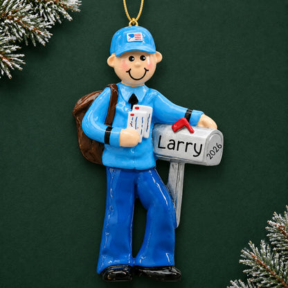 Personalized postal mail carrier christmas ornament on a dark green pine background