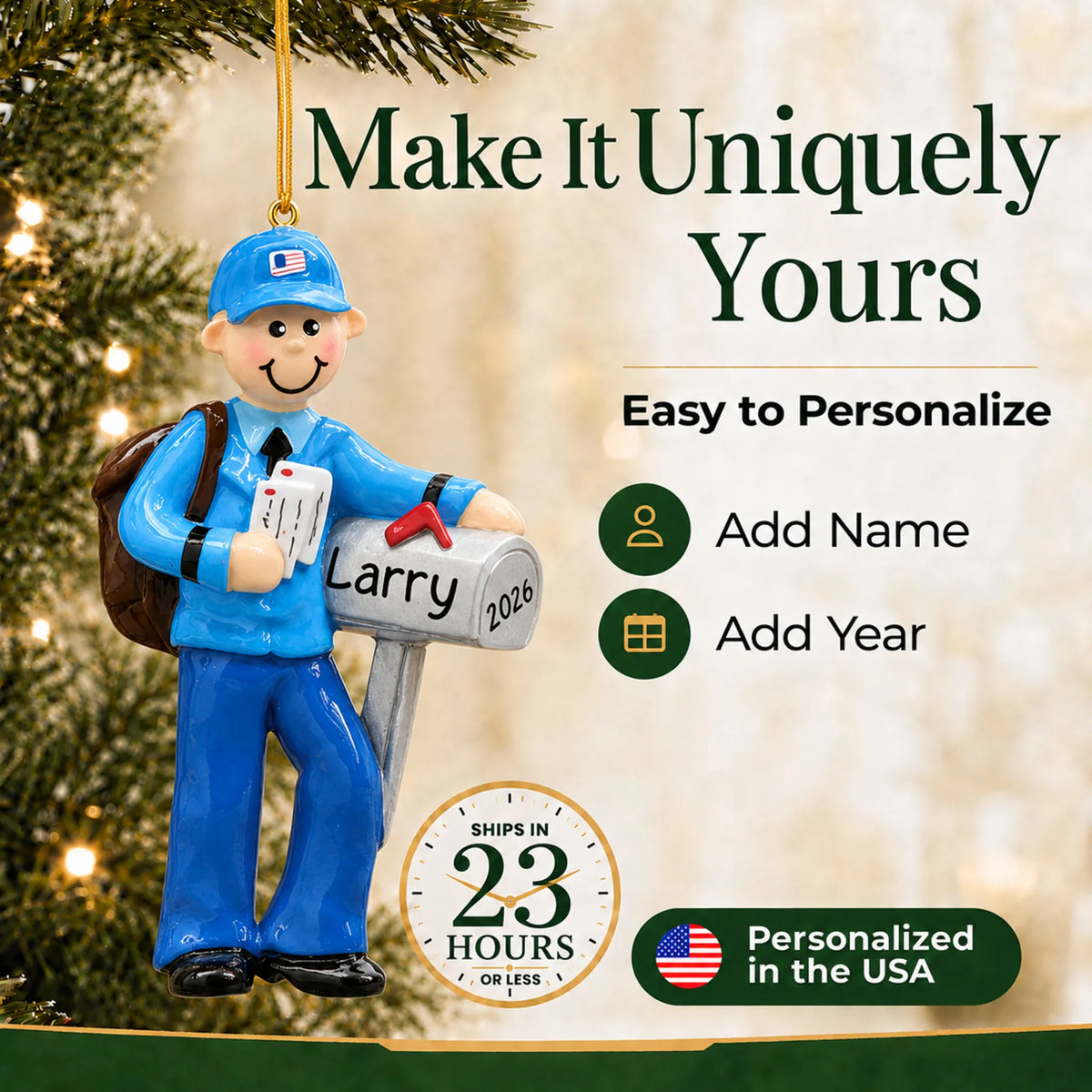 Make it yours: add name and year to the personalized postal mail carrier christmas ornament