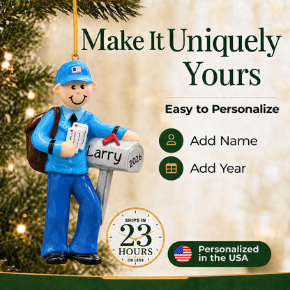 Make it yours: add name and year to the personalized postal mail carrier christmas ornament