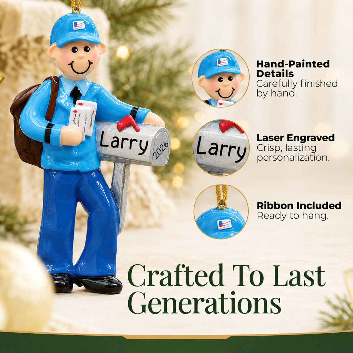 Hand-painted details and laser engraved personalization on the postal mail carrier christmas ornament, ribbon included