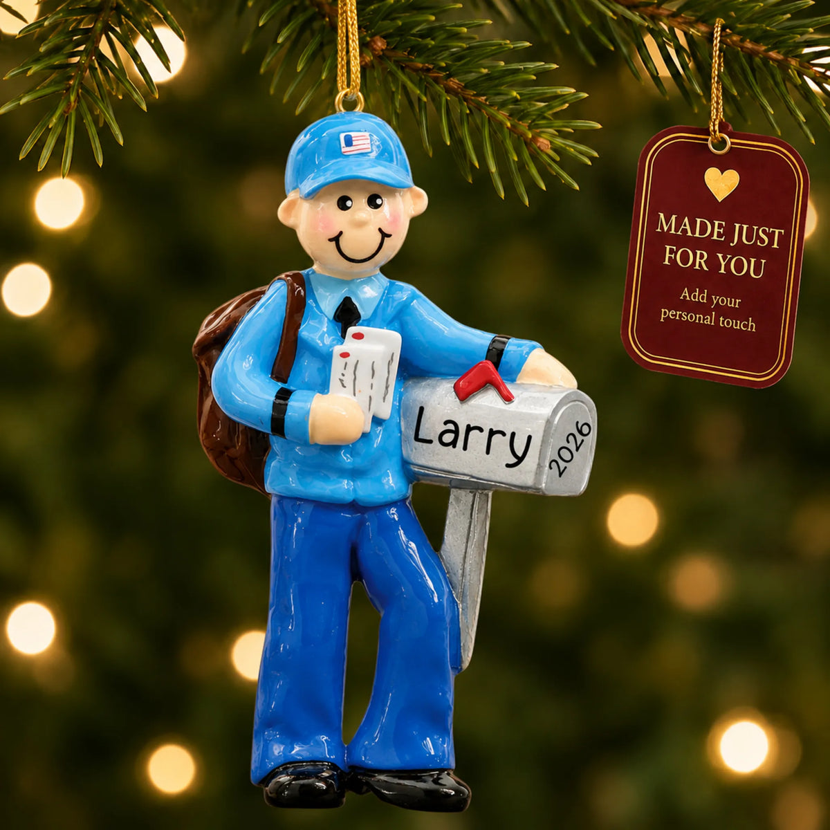 Postal mail carrier christmas ornament hanging on a lit Christmas tree with a Made Just For You gift tag